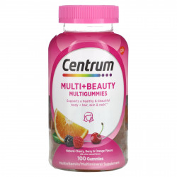 Centrum, Multi + Beauty жевательные таблетки, натуральные вишня, ягоды и апельсин, 100 жевательных таблеток