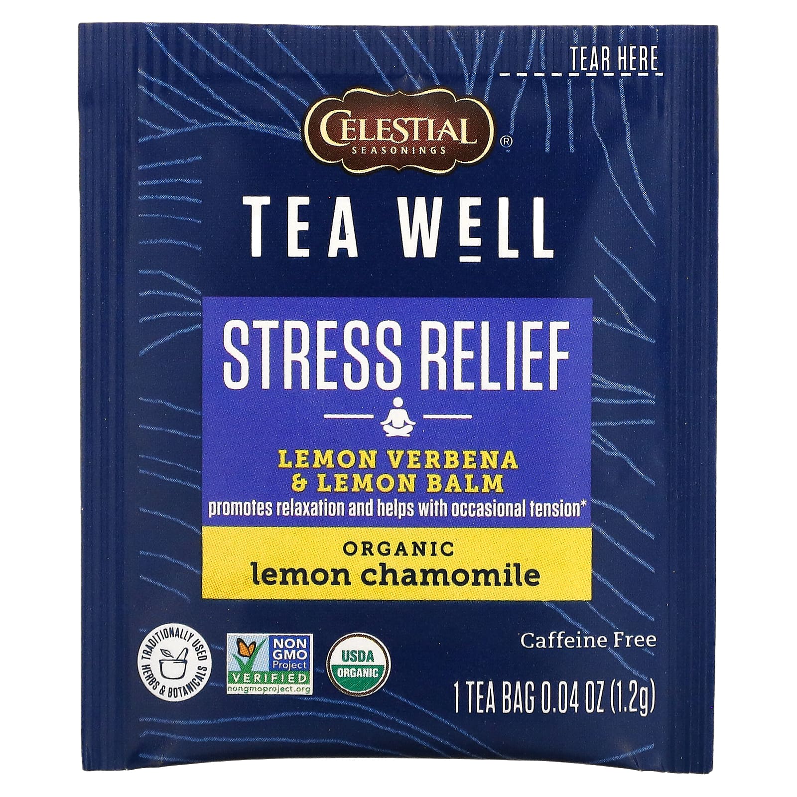 Celestial Seasonings, Stress Relief, лимонная вербена и мелисса, органическая лимонная ромашка, без кофеина, 12 чайных пакетиков по 1,2 г (0,06 унции)