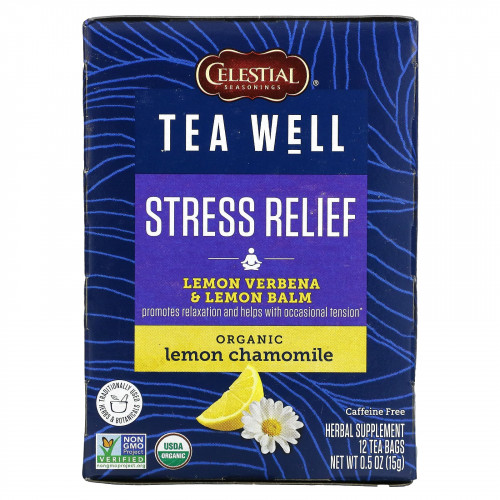 Celestial Seasonings, Stress Relief, лимонная вербена и мелисса, органическая лимонная ромашка, без кофеина, 12 чайных пакетиков по 1,2 г (0,06 унции)