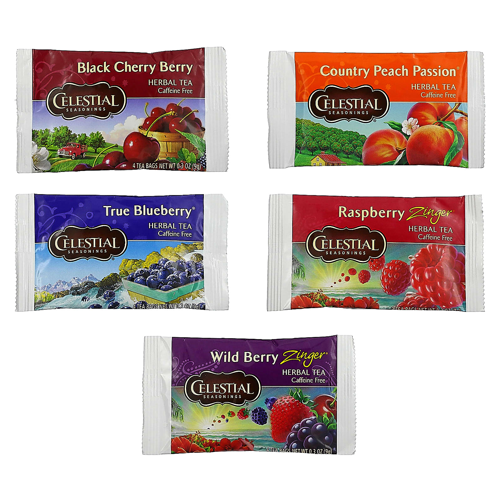 Celestial Seasonings, набор фруктовых чаев, без кофеина, 5 вкусов, 18 чайных пакетиков по 40 г (1,4 унции)