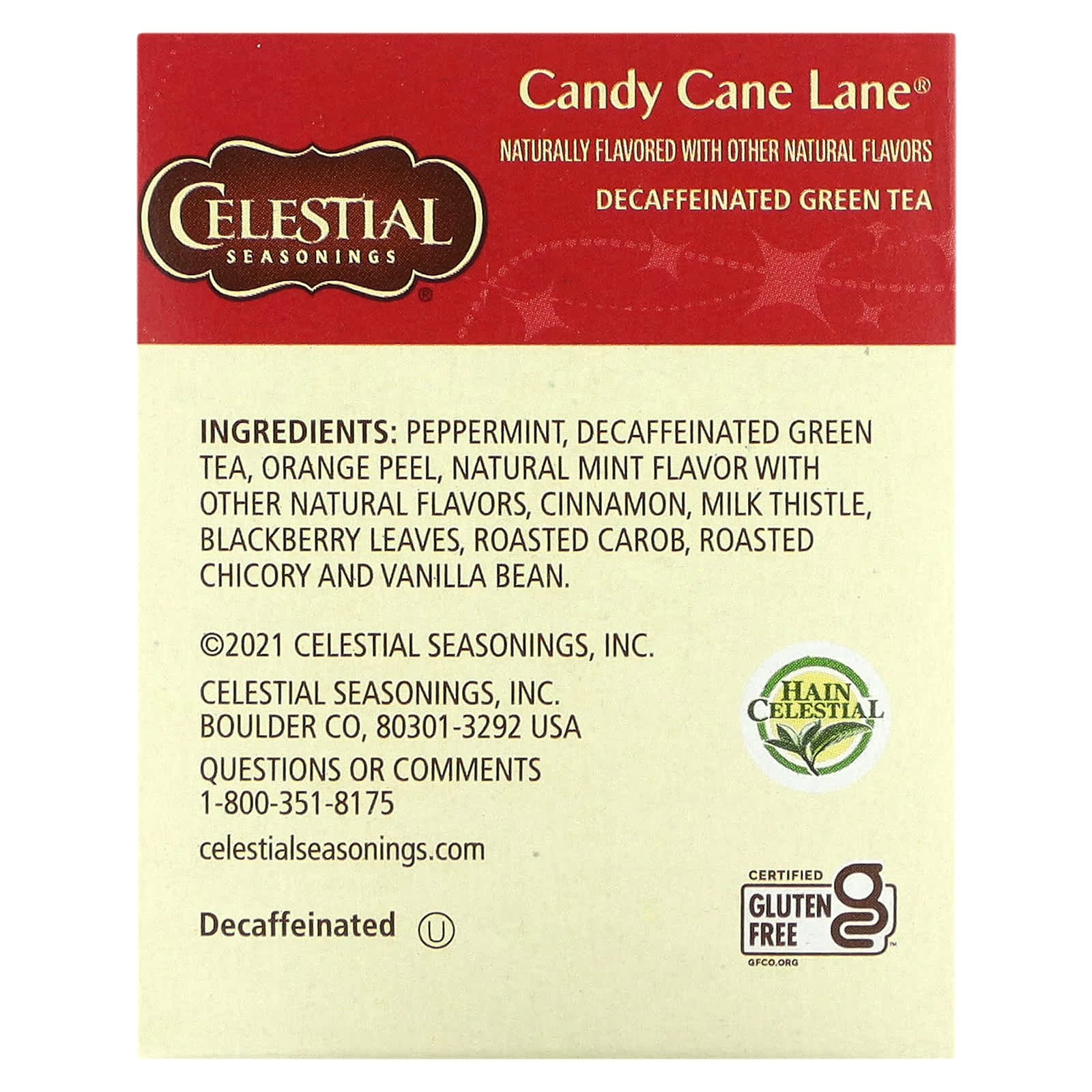 Celestial Seasonings, Праздничный зеленый чай, Candy Cane Lane, без кофеина, 18 чайных пакетиков, 35 г (1,2 унции)