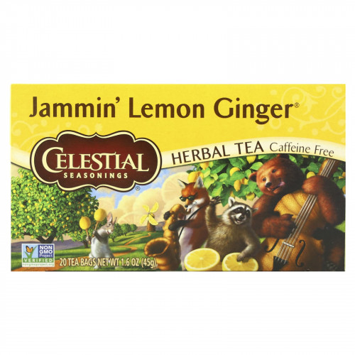 Celestial Seasonings, травяной чай, Jammin', лимон и имбирь, без кофеина, 20 чайных пакетиков, 45 г (1,6 унции)