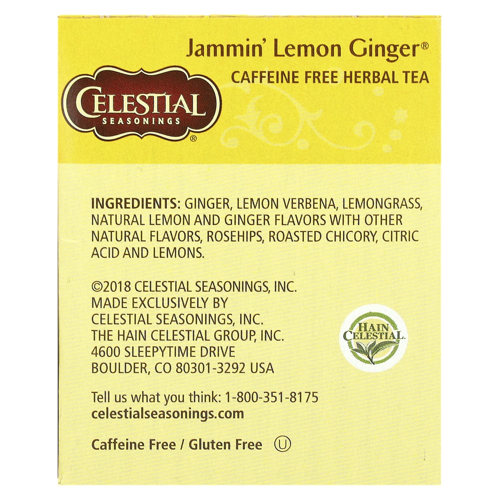 Celestial Seasonings, травяной чай, Jammin', лимон и имбирь, без кофеина, 20 чайных пакетиков, 45 г (1,6 унции)