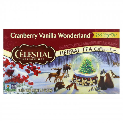 Celestial Seasonings, травяной чай к празднику, клюква и ваниль, без кофеина, 18 чайных пакетиков, 38 г (1,3 унции)