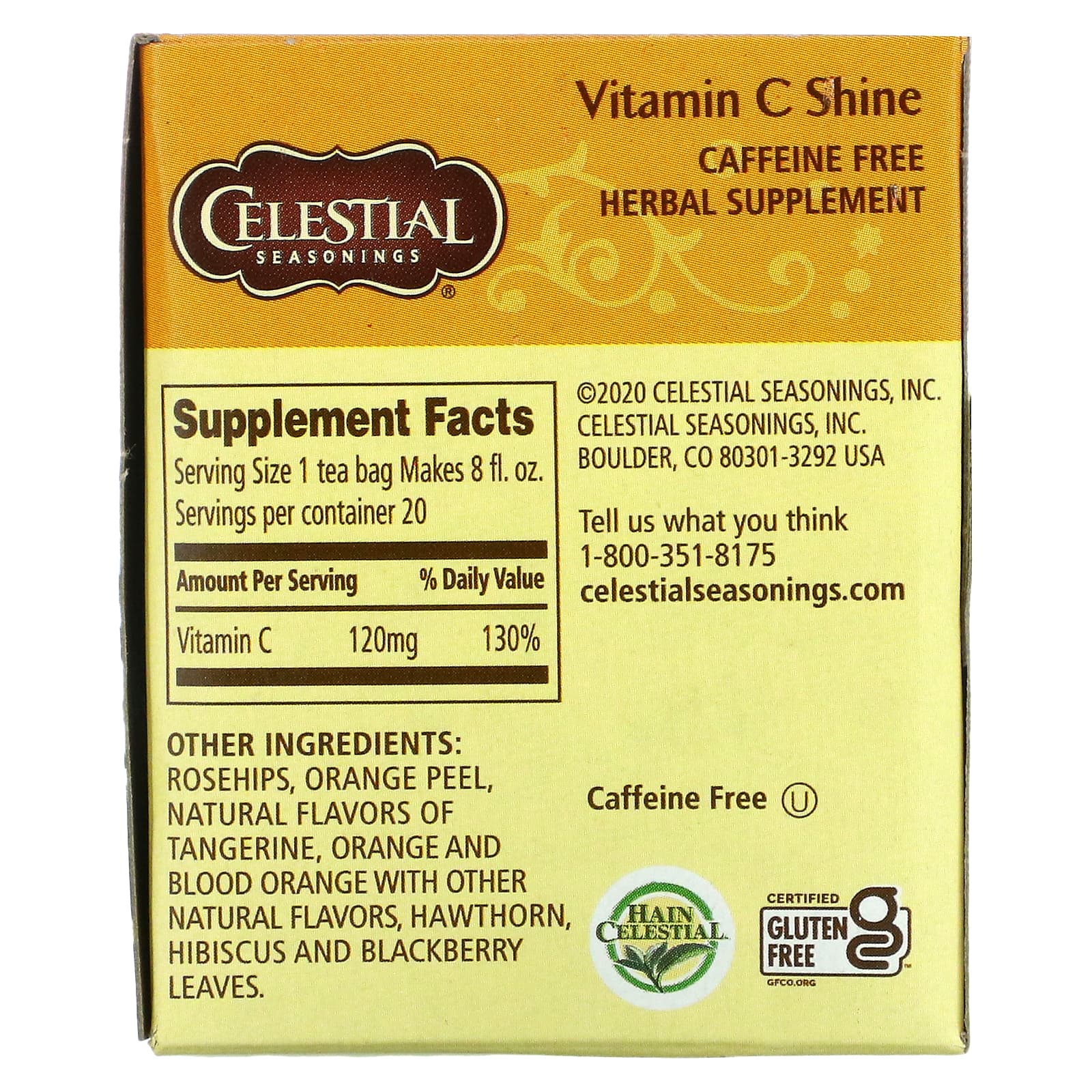 Celestial Seasonings, травяная добавка, с витамином C, без кофеина, 20 чайных пакетиков, 47 г (1,6 унции)