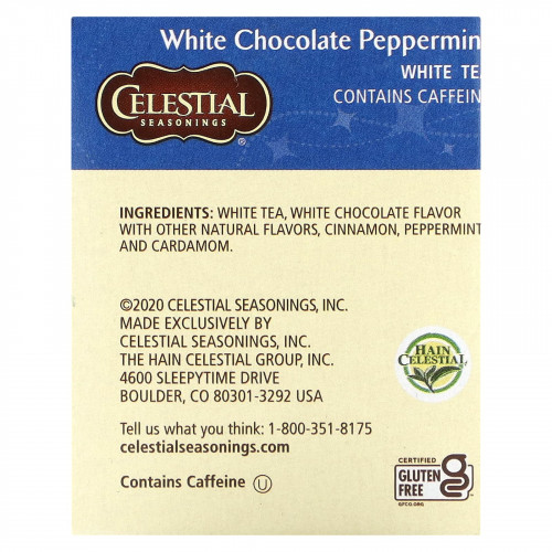 Celestial Seasonings, белый чай, белый шоколад и перечная мята, 20 чайных пакетиков, 25 г (0,9 унции)