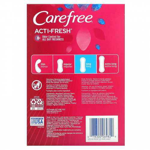 Carefree, Acti-Fresh, ежедневные вкладыши, длинные, без запаха, 92 вкладыша