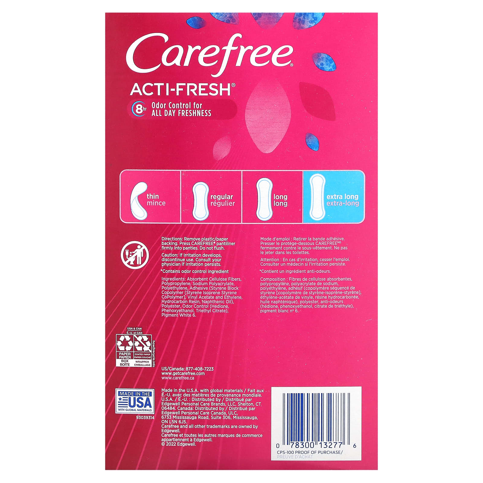 Carefree, Acti-Fresh, ежедневные вкладыши, удлиненные, без запаха, 100 вкладышей