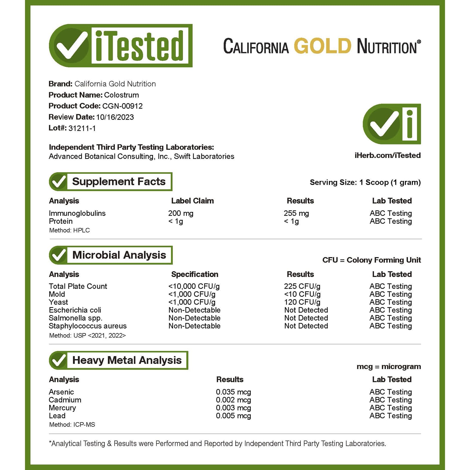 California Gold Nutrition, концентрированное молозиво в порошке, 200 г (7,05 унции)