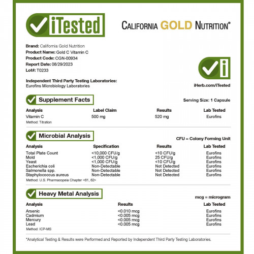 California Gold Nutrition, Gold C, витамин C класса USP, 500 мг, 240 вегетарианских капсул