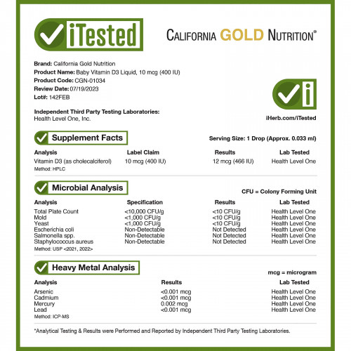California Gold Nutrition, жидкий витамин D3 для детей, 10 мкг (400 МЕ), 10 мл (0,34 жидк. унции)