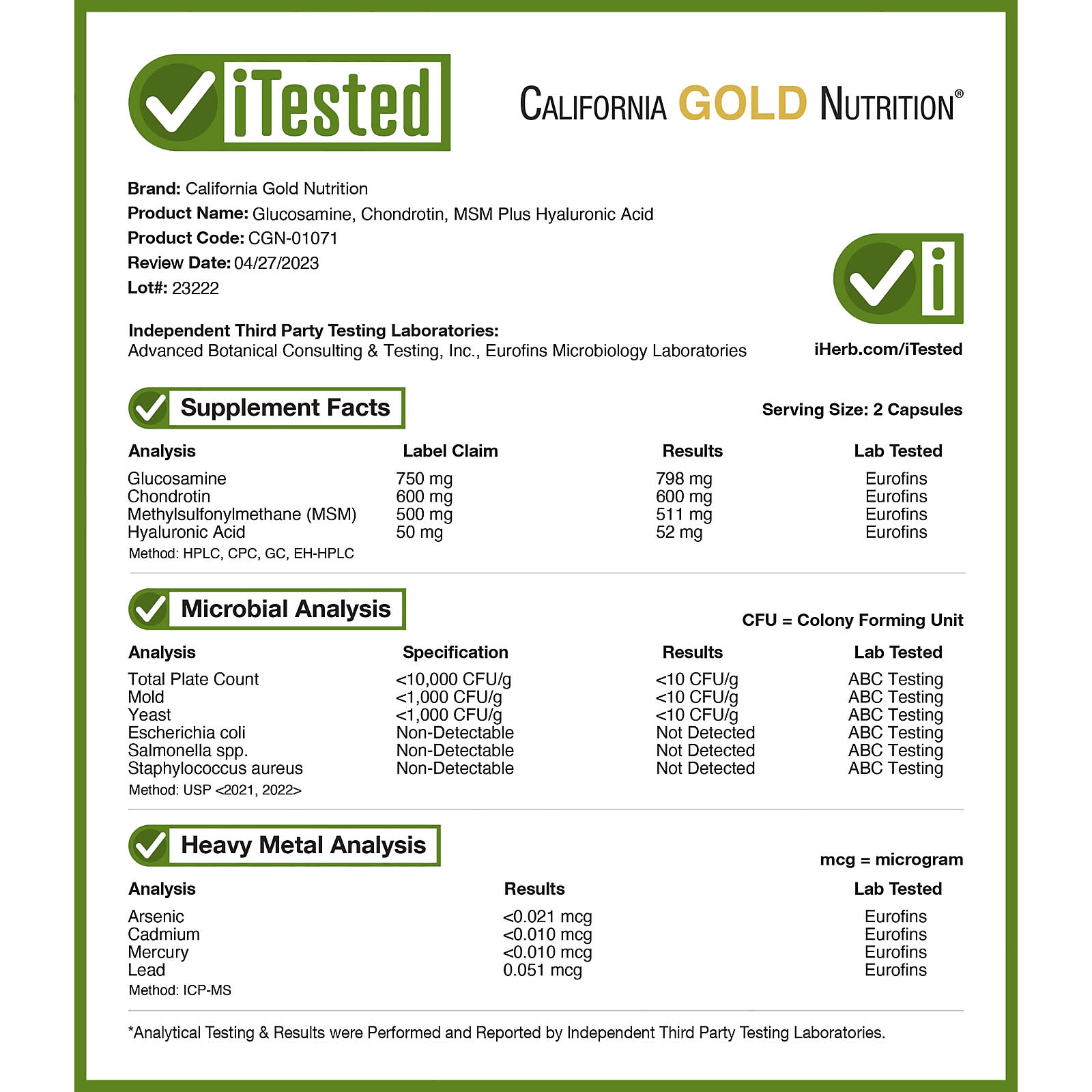 California Gold Nutrition, Глюкозамин, хондроитин и МСМ с гиалуроновой кислотой, 120 растительных капсул