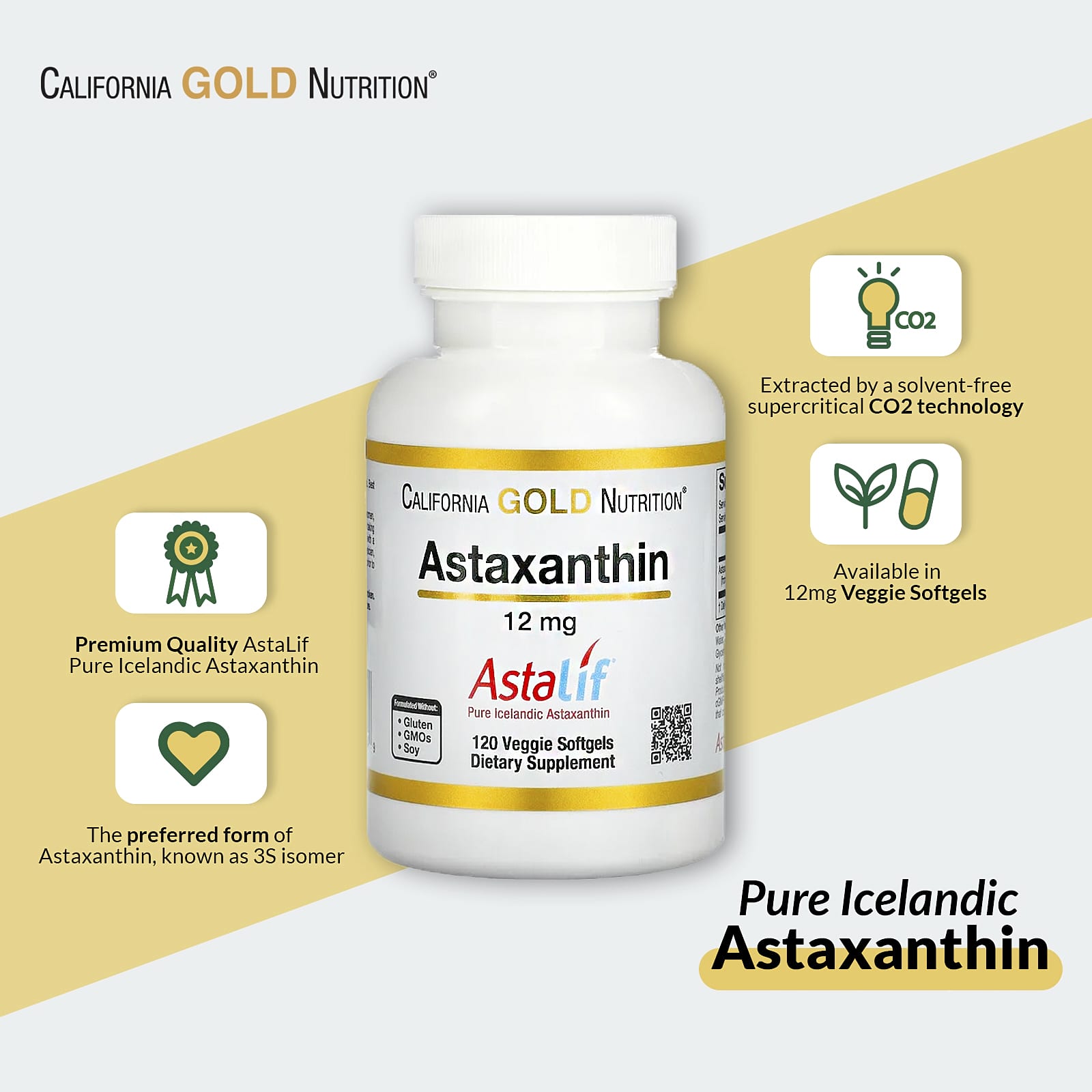 California Gold Nutrition, астаксантин, чистый исландский продукт AstaLif, 12 мг, 30 растительных мягких таблеток