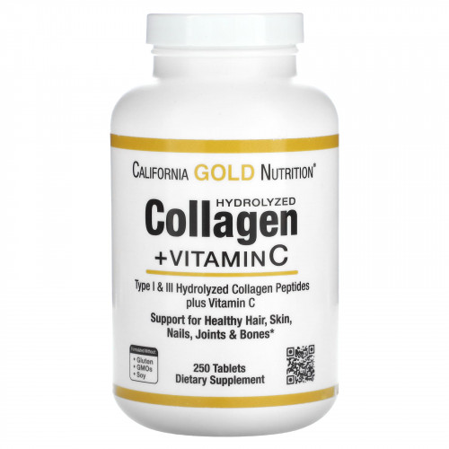 California Gold Nutrition, пептиды гидролизованного коллагена с витамином C, тип 1 и 3, 250 таблеток