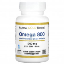 California Gold Nutrition, омега 800, рыбий жир, 80% ЭПК/ДГК, в форме триглицеридов, 1000 мг, 30 капсул из рыбьего желатина