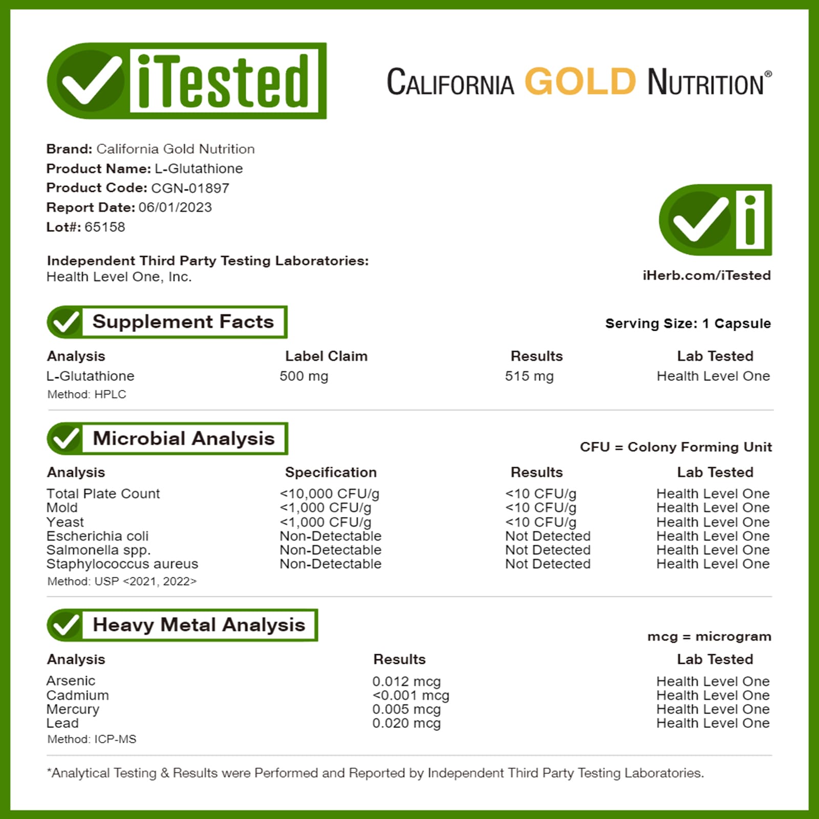 California Gold Nutrition, L-глутатион (восстановленный), 500 мг, 30 растительных капсул