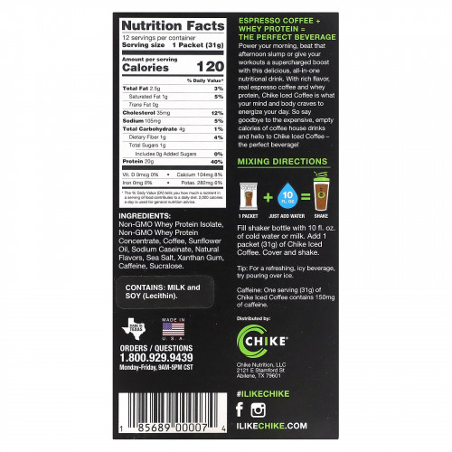 Chike Nutrition, Холодный кофе с высоким содержанием протеина, оригинальный, 12 пакетиков, 31 г (1,08 унции)