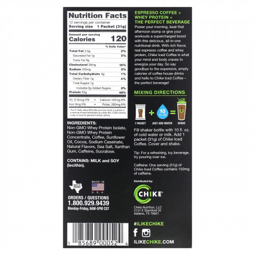 Chike Nutrition, Кофе со льдом с высоким содержанием протеина, мокко, 12 пакетиков, 31 г (1,09 унции)