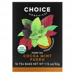 Choice Organic Teas, Puerh Tea, какао и мята пуэр, 16 чайных пакетиков, 32 г (1,12 унции)