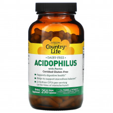 Country Life, Acidophilus, добавка с ацидофильными лактобактериями с пектином, 250 веганских капсул