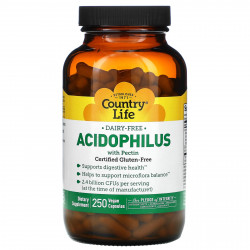 Country Life, Acidophilus, добавка с ацидофильными лактобактериями с пектином, 250 веганских капсул