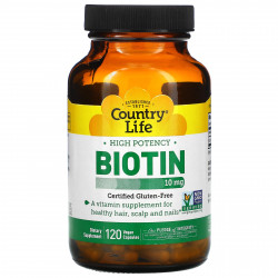 Country Life, Высокоэффективный биотин, 10 мг, 120 веганских капсул