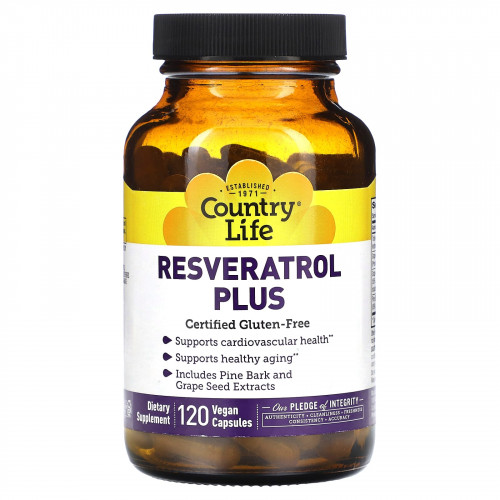 Country Life, Resveratrol Plus, ресвератрол, 120 веганских капсул