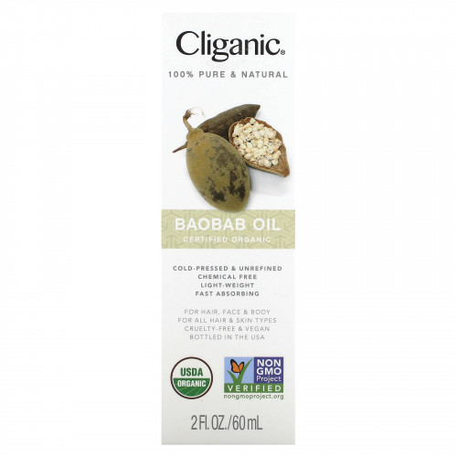 Cliganic, 100% чистое и натуральное, масло баобаба, 60 мл (2 жидк. Унции)