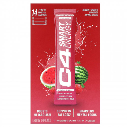 Cellucor, C4 Smart Energy, смесь для приготовления энергетического напитка, со вкусом клубники и арбуза, 14 стик-пакетов по 3,8 г (0,13 унции)