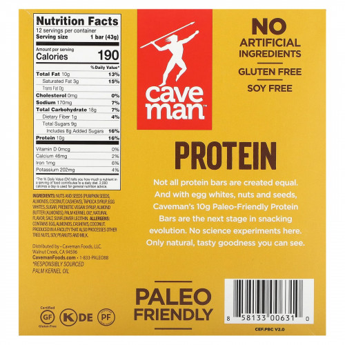 Caveman Foods, Protein Bar, соленое миндальное масло, 12 батончиков, 43 г (1,52 унции)