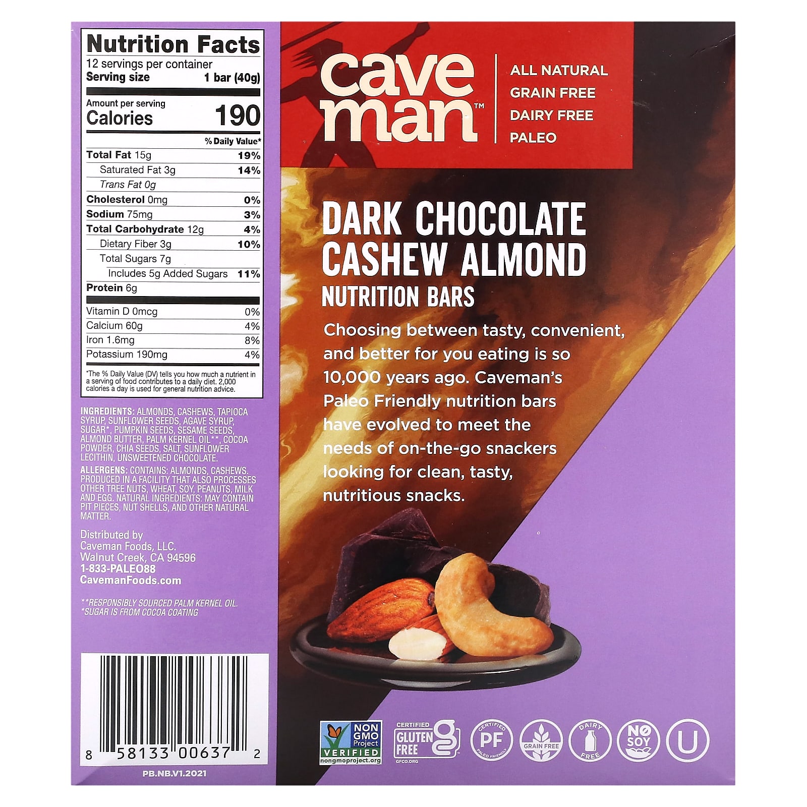 Caveman Foods, Nutrition Bars, темный шоколад, кешью и миндаль, 12 батончиков по 40 г (1,41 унции)