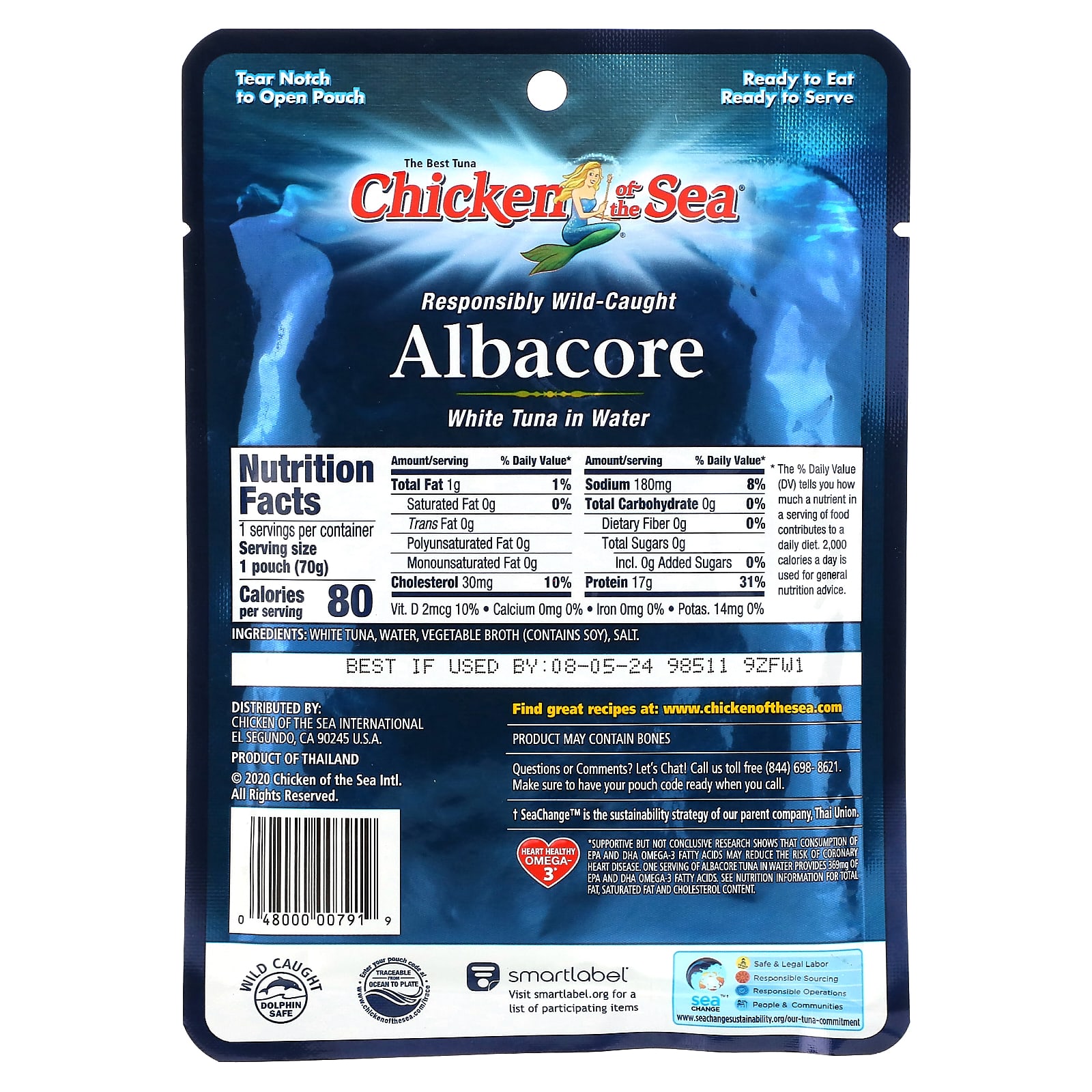 Chicken of the Sea, Albacore из дикой рыбы, белый тунец в воде, 70 г (2,5 унции)