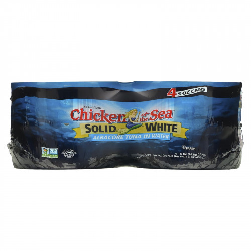 Chicken of the Sea, Solid White, альбакорный тунец в воде, 4 пакетика по 142 г (5 унций)