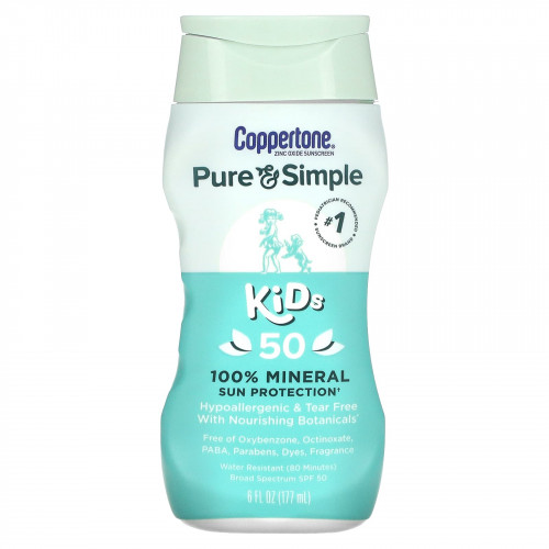 Coppertone, Pure & Simple, для детей, 100% минеральная защита от солнца, SPF 50, 177 мл (6 жидк. Унций)