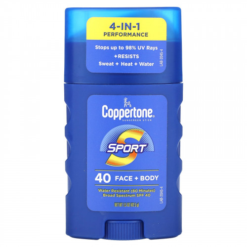 Coppertone, Солнцезащитный стик, Sport, 4-в-1, для лица и тела, SPF 40, 42,5 г (1,5 унции)