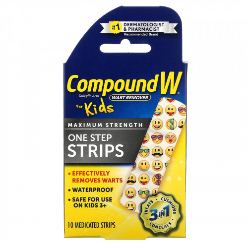 Compound W, средство для удаления бородавок, одноразовые пластыри, максимальная сила действия, для детей от 3 лет, 10 лечебных пластырей