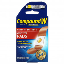 Compound W, средство для удаления бородавок, одноразовые подушечки, максимальная сила действия, 14 подушечек с лекарственным средством