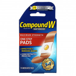 Compound W, средство для удаления бородавок, одноразовые подушечки, максимальная сила действия, 14 подушечек с лекарственным средством