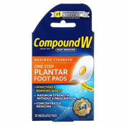Compound W, Средство для удаления бородавок, One Step Plantar Foot Pads, максимальная сила действия, 20 лечебных подушечек