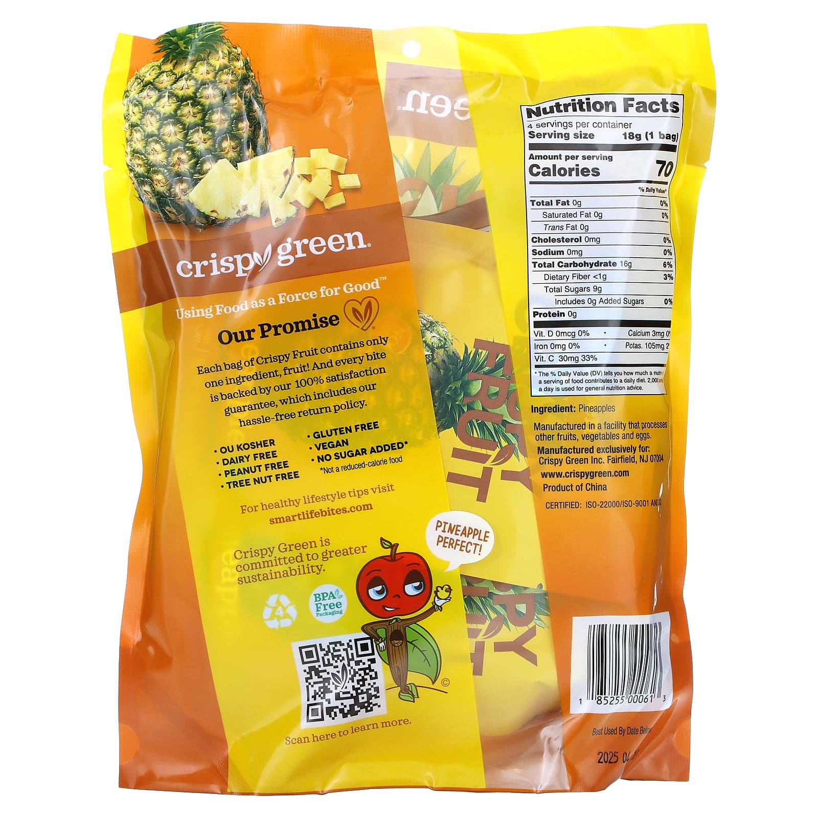 Crispy Green, Crispy Fruit, полностью ананасовый продукт, 4 пакетика по 18 г (0,63 унции)