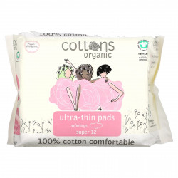 Cottons, Ультратонкие прокладки с крылышками, покрывающий слой из 100% чистого хлопка, Super, 12 штук