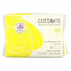 Cottons, Покровное полотно из 100% натурального хлопка, прокладки перед менопаузой с крыльями`` 8 прокладок