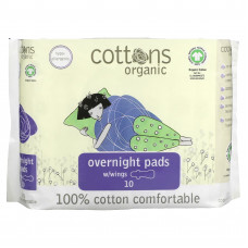 Cottons, Ночные прокладки с крылышками, покрывающий слой из 100% чистого хлопка, для большого объема выделений, 10 штук