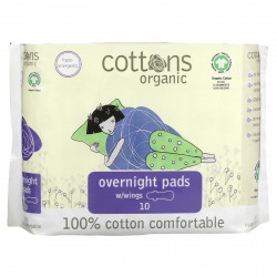 Cottons, Ночные прокладки с крылышками, покрывающий слой из 100% чистого хлопка, для большого объема выделений, 10 штук