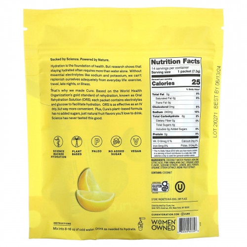 Cure Hydration, увлажняющая смесь электролитов, со вкусом лимонада, 14 пакетиков по 7,3 г (0,26 унции) каждый