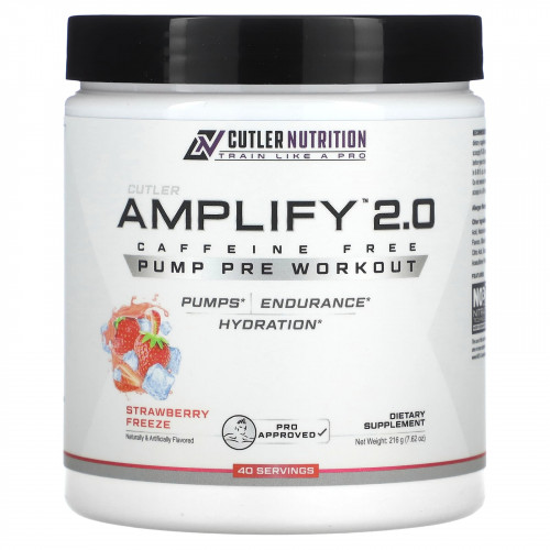 Cutler Nutrition, Amplify 2.0, накачка перед тренировкой, без кофеина, со вкусом клубники, 216 г (7,62 унции)