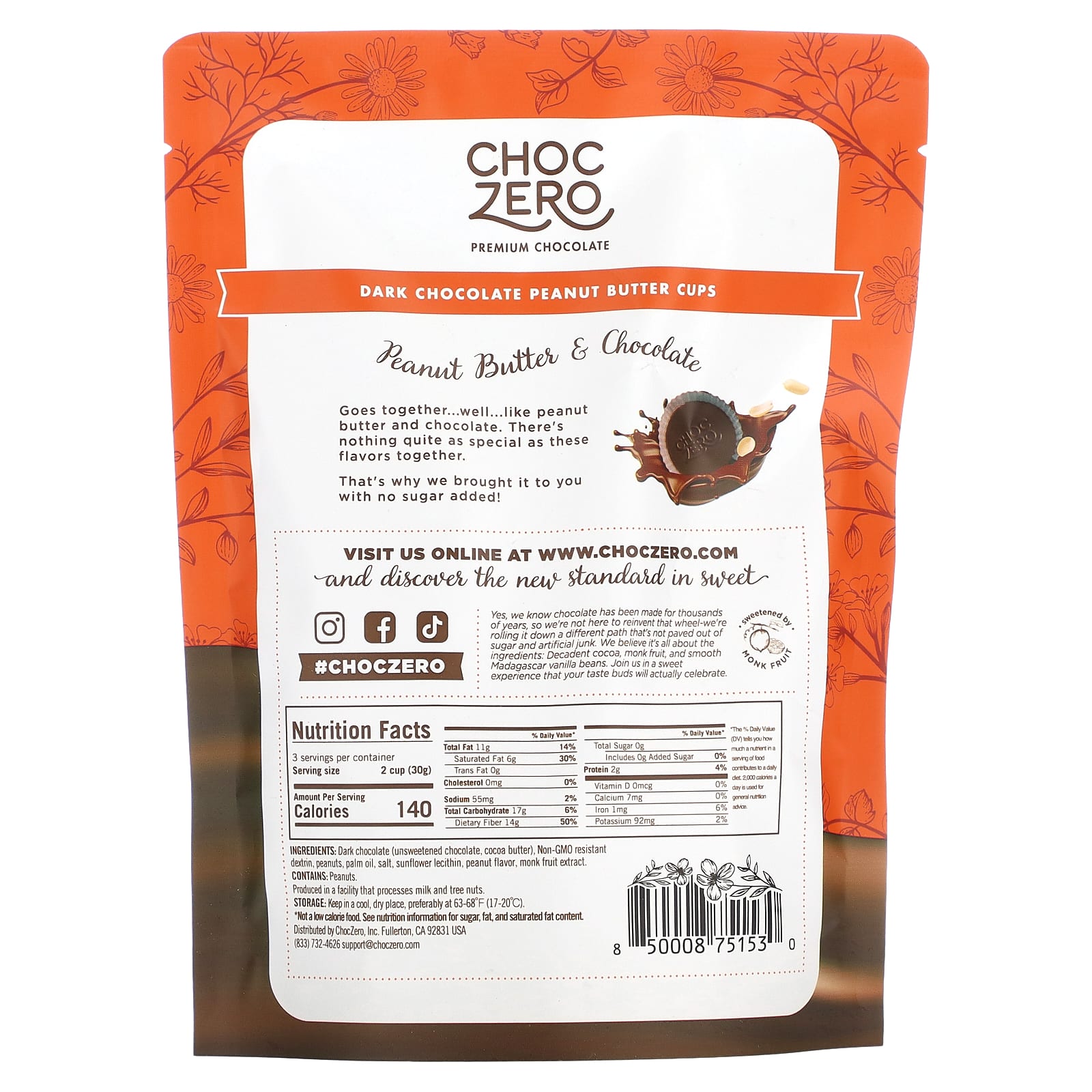 ChocZero, конфеты из темного шоколада с арахисовой пастой, 6 штук, 85 г (3 унции)