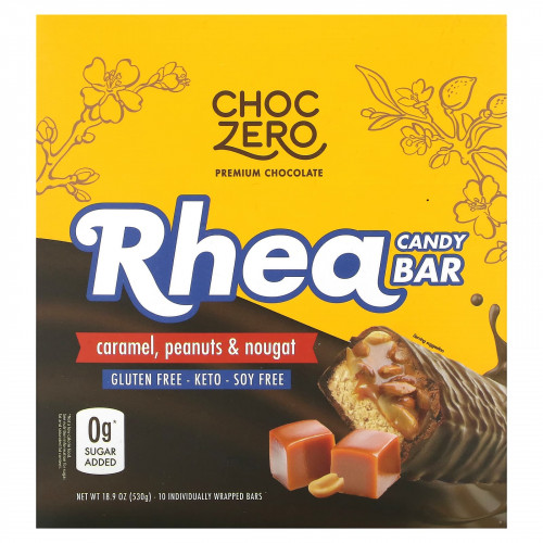 ChocZero, Rhea Candy Bar, карамель, арахис и нуга, 10 батончиков в индивидуальной упаковке, 53 г (1,86 унции)