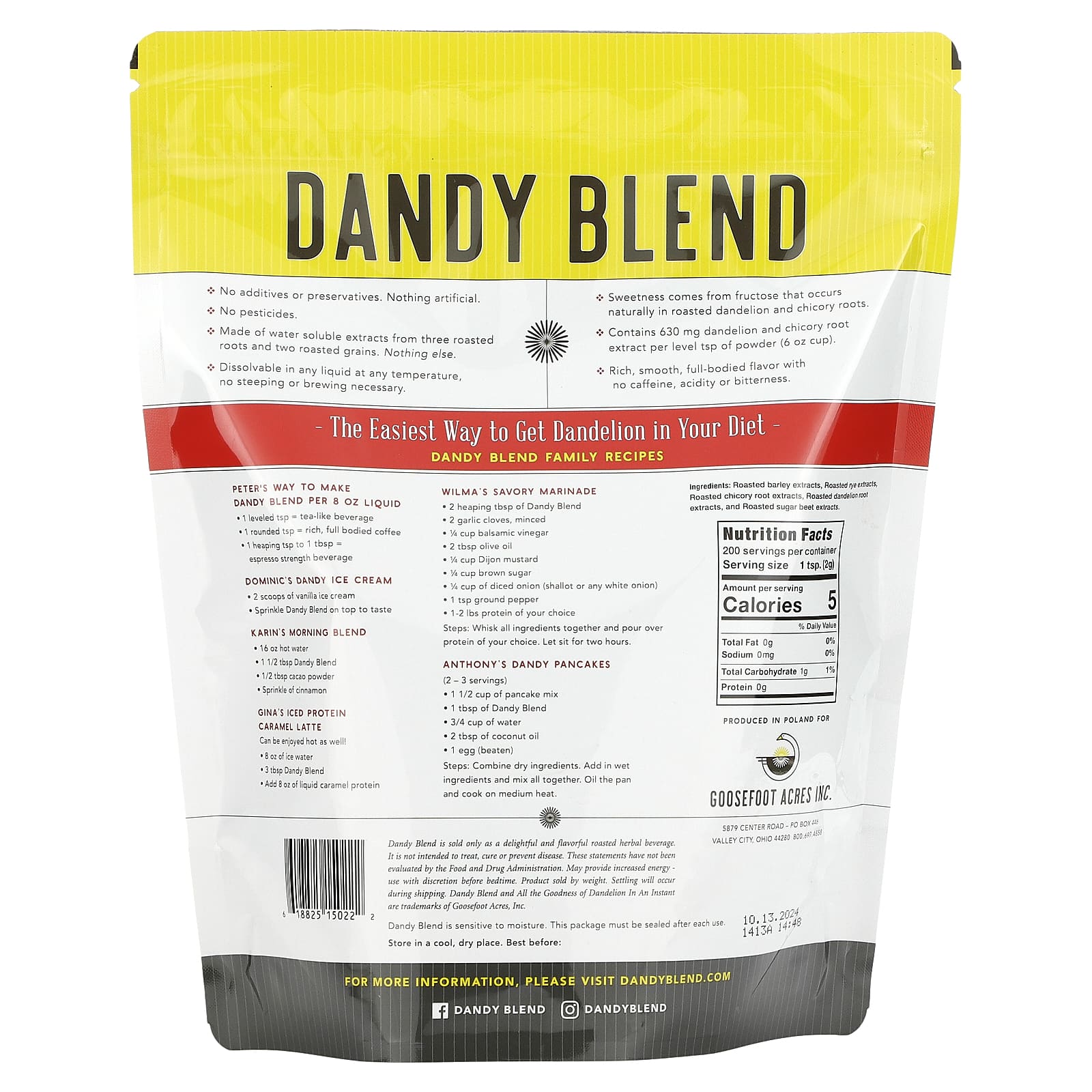 Dandy Blend, Растворимый травяной напиток с одуванчиком, без кофеина, 400 г (14,1 унции)