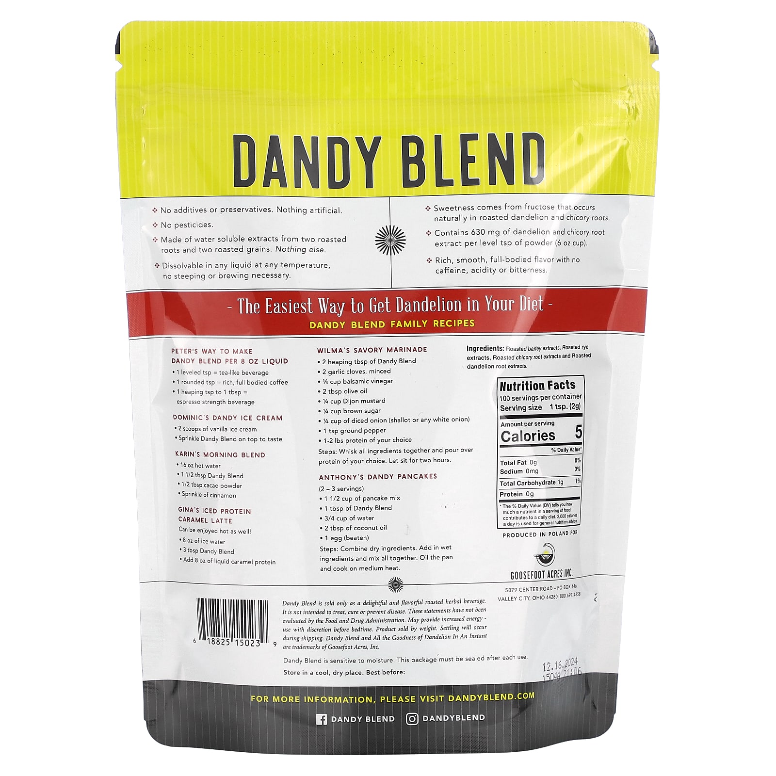 Dandy Blend, растворимый травяной напиток с одуванчиком, без кофеина, 200 г (7,05 унции)